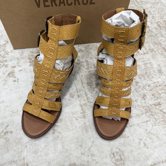 Veracruz Sandals Womens Size US 8.5 EU 39 Tan Leather Gladiator Block Heel Woven - Picture 1 of 14
